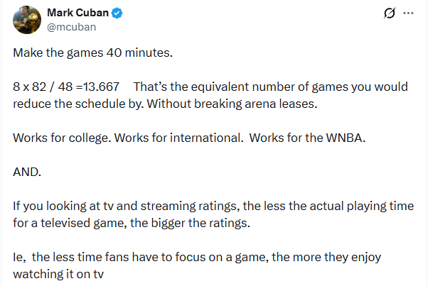 库班提议NBA缩短比赛时长至40分钟以提升收视率